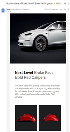 TeslaModelS/X现在提供刹车片和卡钳升级，价格分别为750美元和2,700美元